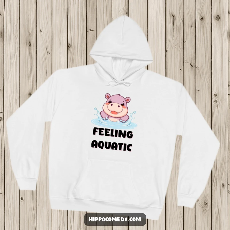 Funny Hippo Pool Hoodie featuring a cute hippopotamus character splashing joyfully in a pool. Comfortable and cute, great for relaxation and chilly weather.