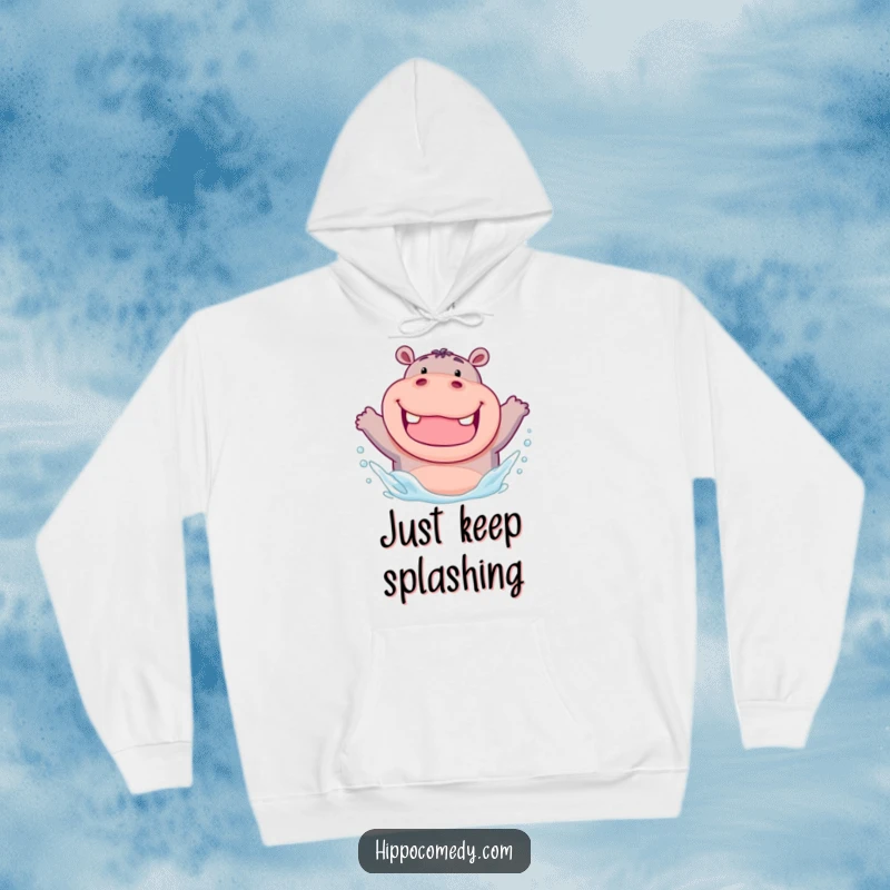 Funny cozy hoodie featuring a chubby hippo with a wide grin, enthusiastically splashing water for warm, humorous vibes.