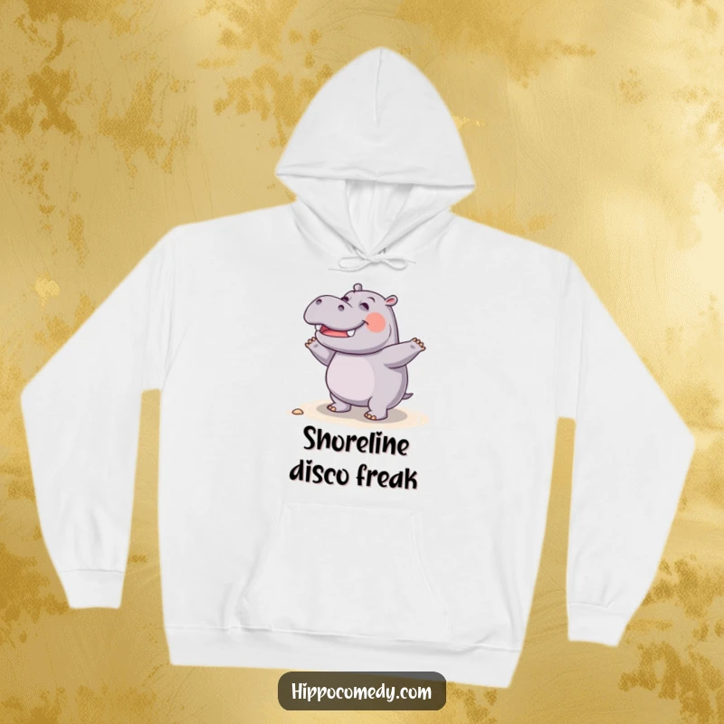 Funny giggling hippo hoodie, energetically dancing on the shore, radiating happiness and a love for movement.