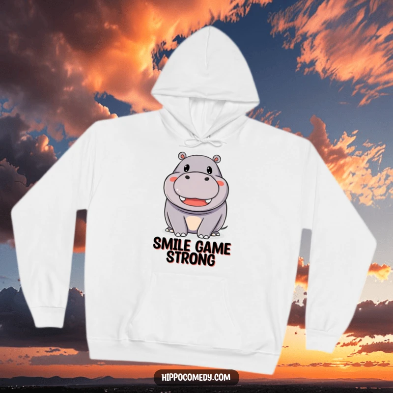 Funny Hoodie: A happy hippopotamus with a wide, beaming smile, offering comfort and a cheerful, positive vibe.