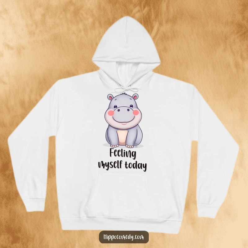 A shiny hippo with a happy expression doing a little wiggle, featured on a comfortable hoodie.