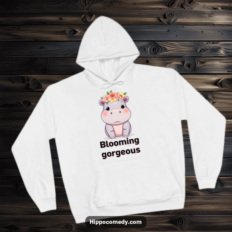 Funny hippo adorned with a delicate flower crown, featured on a warm and cozy hoodie for a unique style.