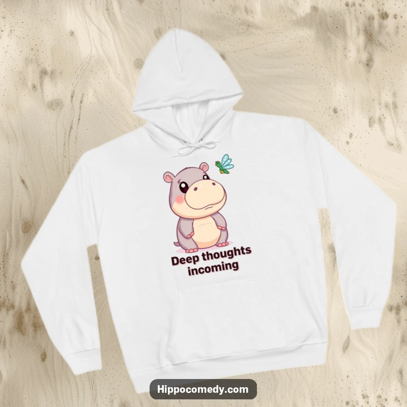 Funny hoodie showcasing a cute hippopotamus with large, expressive eyes, mesmerized by a hovering dragonfly, perfect for comfy laughs.
