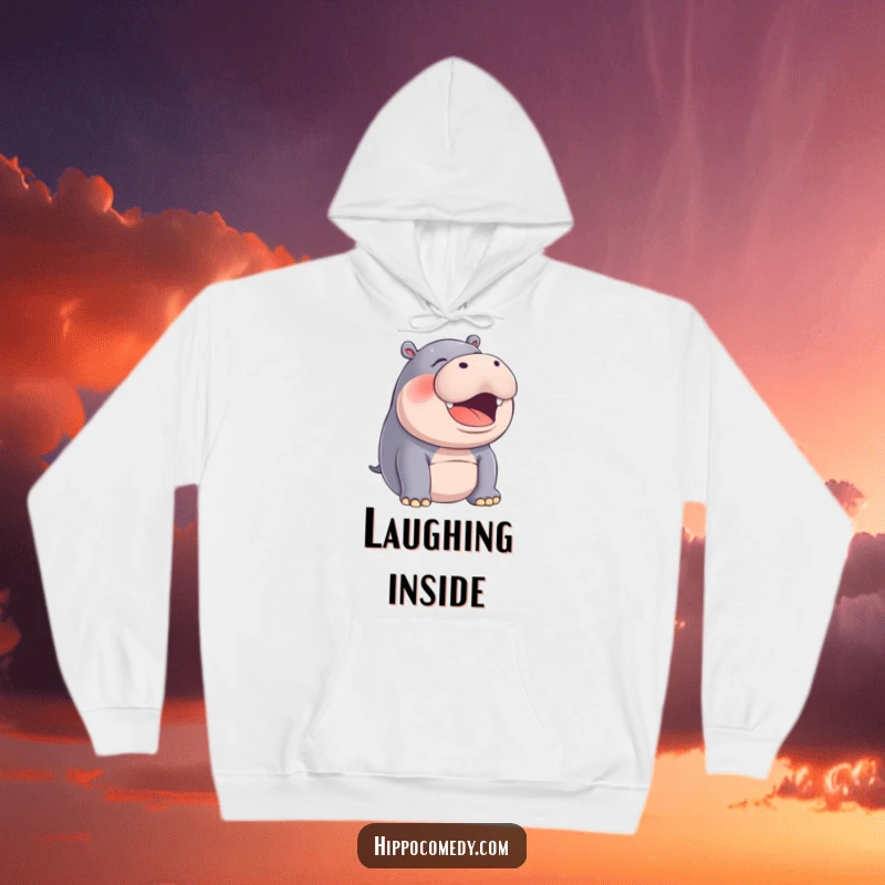 Funny hippo caught in a silent, joyful laugh on a warm hoodie, perfect for spreading cheer.
