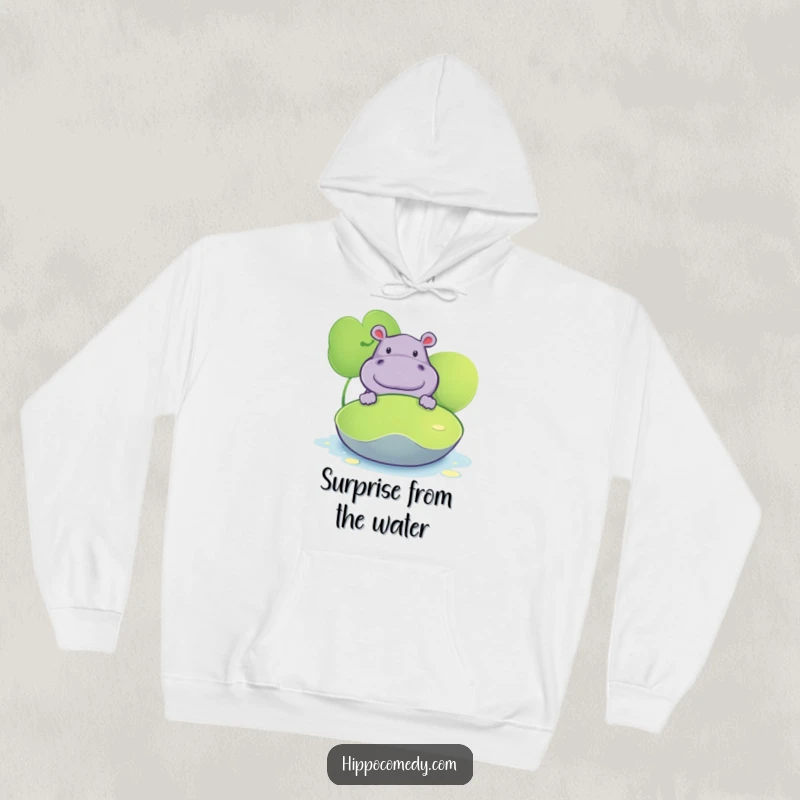 Funny hoodie featuring a hippopotamus peeking from behind a lily pad, embodying curiosity and cozy vibes.