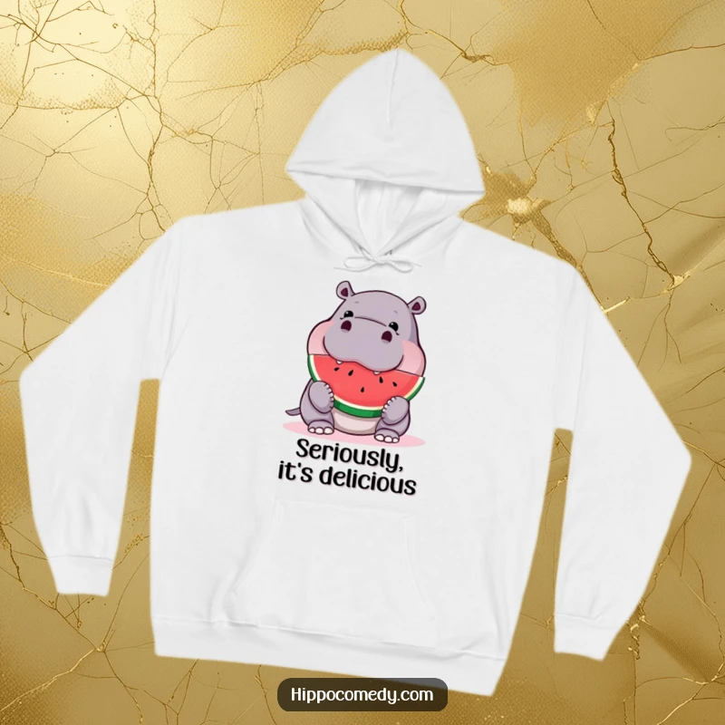Funny hippo hoodie, caught in the act of devouring a juicy watermelon slice with a look of utter satisfaction.