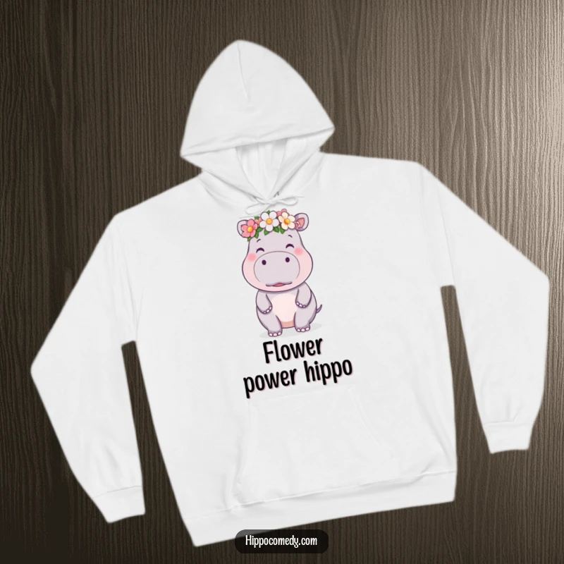Funny kawaii hippo hoodie featuring a cute hippo in a flower crown blowing a kiss, exuding adorable charm.