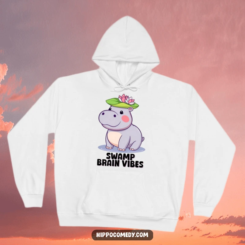 Funny kawaii hippopotamus hoodie featuring a cute hippo balancing a lily pad on its head, great for cozy, humorous wear.