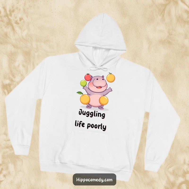 Funny kawaii hippopotamus hilariously attempting to juggle three round fruits, cozy on a hoodie, perfect for a funny gift.