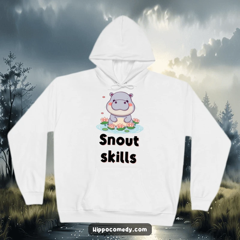 Funny kawaii hippo hoodie featuring a cute hippo playfully juggling water lilies with its snout, exuding playful talent.