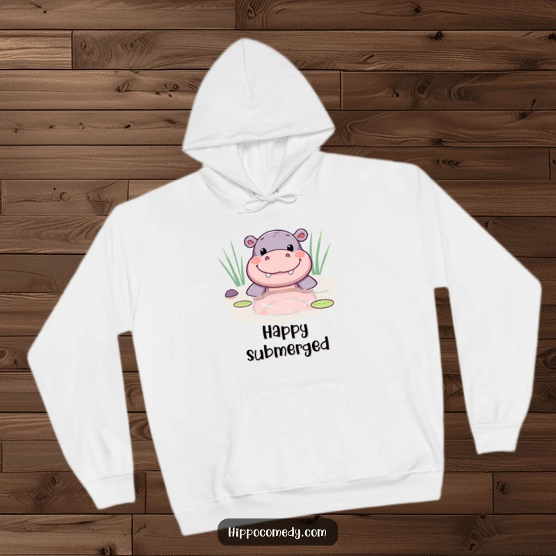 Funny kawaii hippo hoodie featuring a cute hippo peeking from a pond with a big, happy smile.