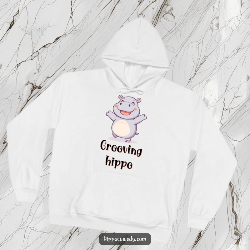 Funny hoodie featuring a joyful hippo doing a funny dance with wiggling feet, offering warm comfort and hilarious animal vibes.