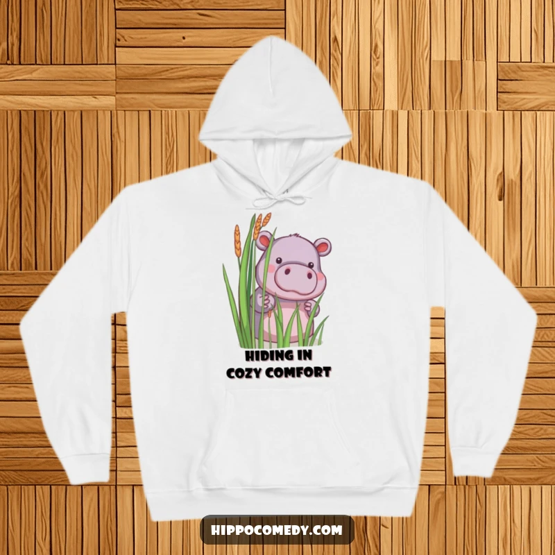 Funny hoodie with a little hippopotamus shyly peeking from behind reeds, offering warmth and a touch of playful mystery.