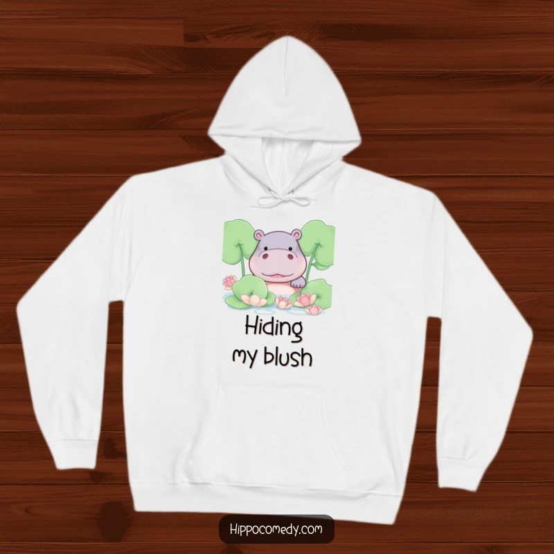 Funny hippo blushing shyly from behind lily pads, printed on a warm and cozy hoodie.