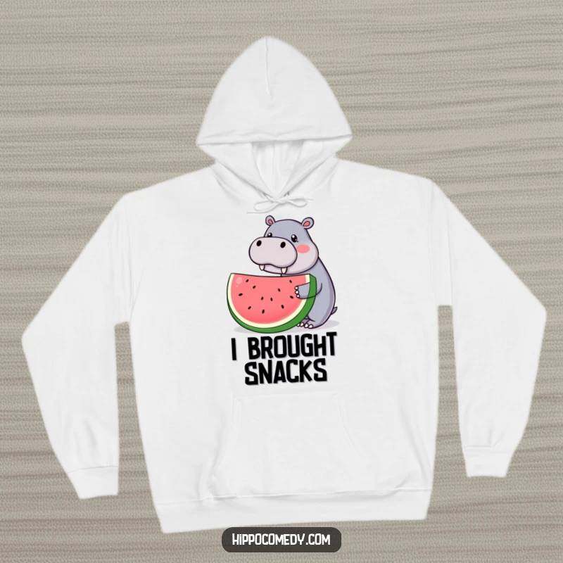 Funny hoodie with a charming kawaii hippopotamus offering a large watermelon slice, providing cozy and comical vibes for a funny gift.