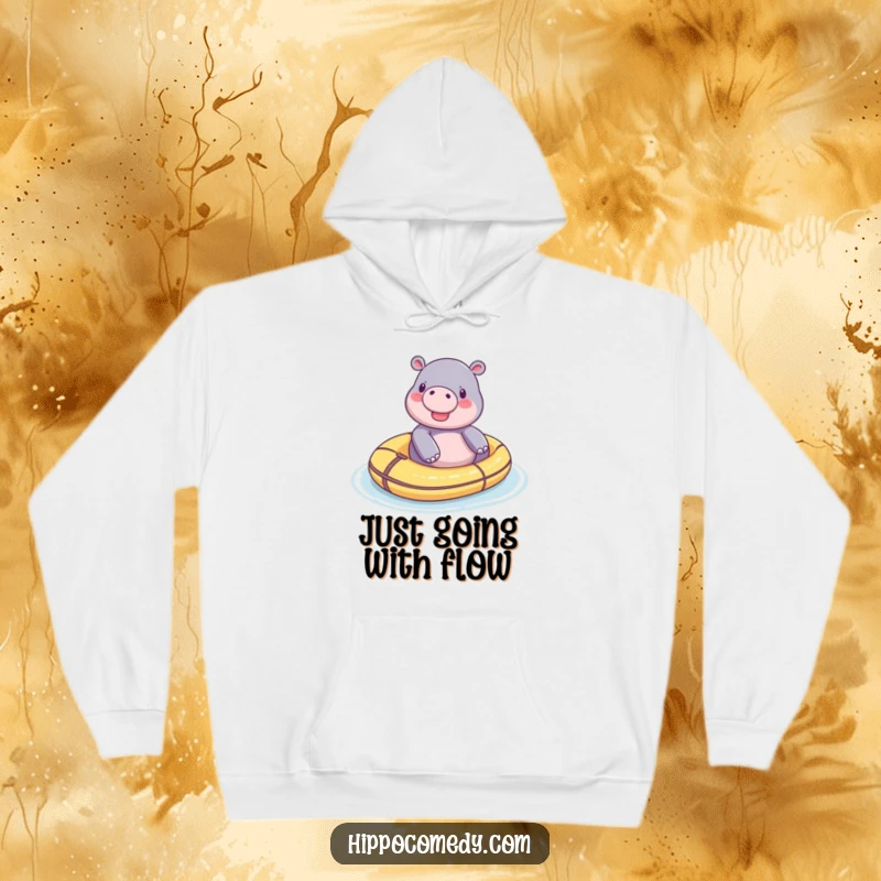 Funny tiny hippo hoodie, peacefully floating on a toy raft, exuding tranquility and a sense of adventure.