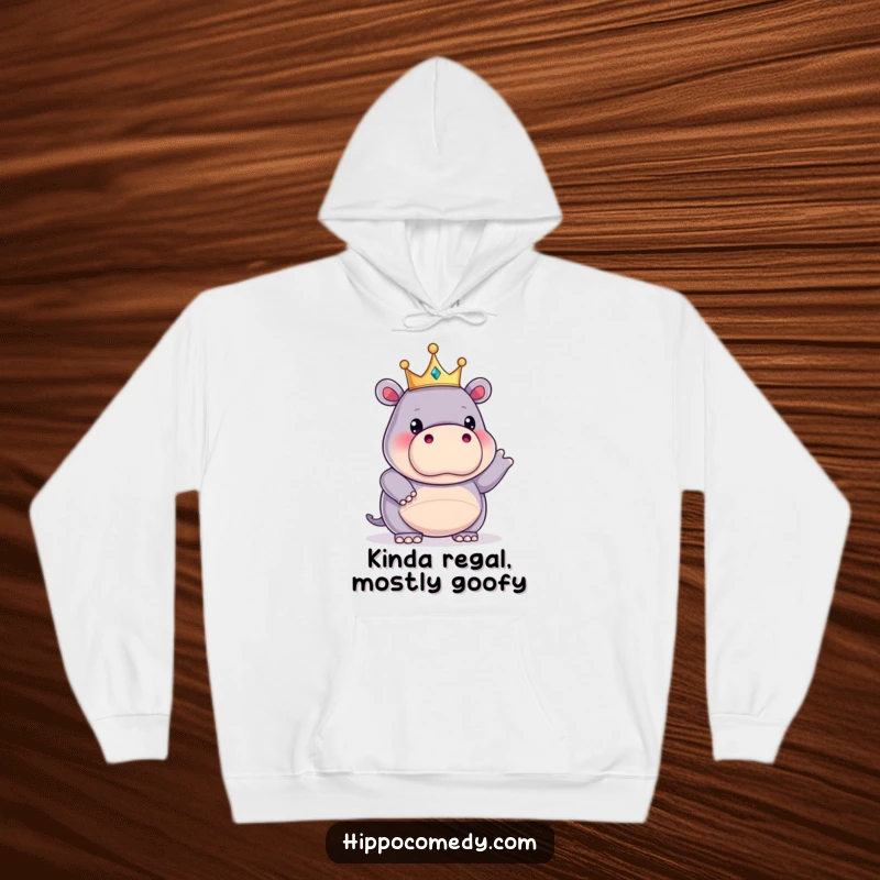 Funny kawaii hippopotamus wearing a tiny crown, striking a funny pose on a hoodie, offering cozy, comical royalty.