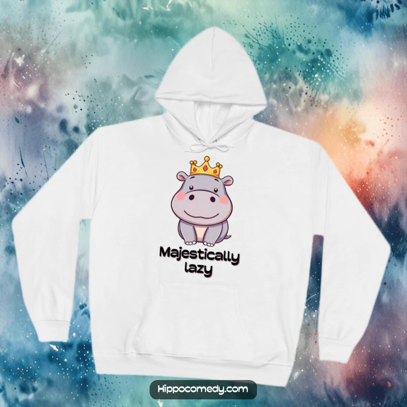 Funny Hippo Crown Hoodie: A silly cartoon hippo wears a miniature crown looking quite pleased with itself, radiating contentment.