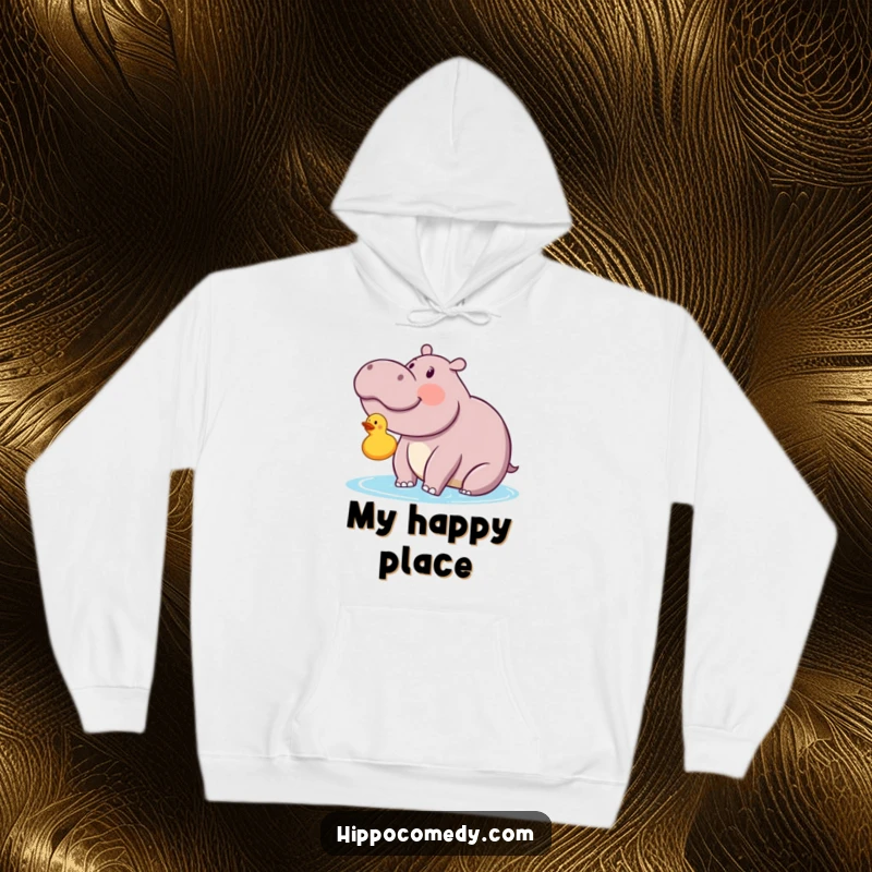 Funny kawaii hippopotamus looking with delight at a floating rubber ducky on a hoodie, offering cozy, comical happiness.