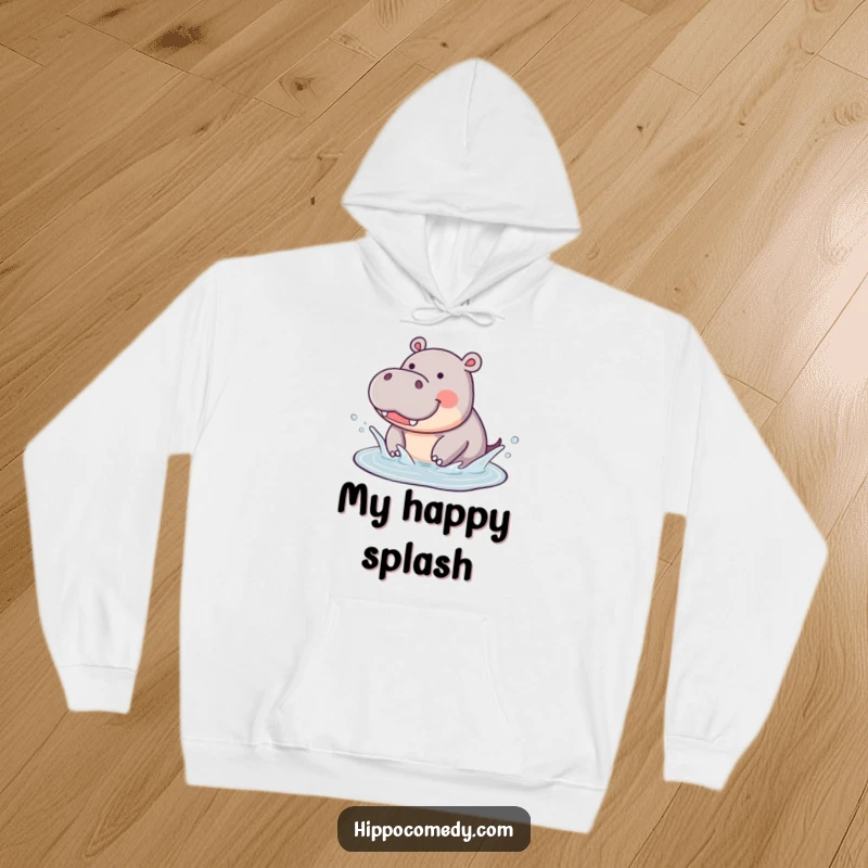 Funny Hippo Splashing Hoodie: A warm hoodie featuring a cute hippo joyfully splashing in a puddle, for funny, cozy vibes.