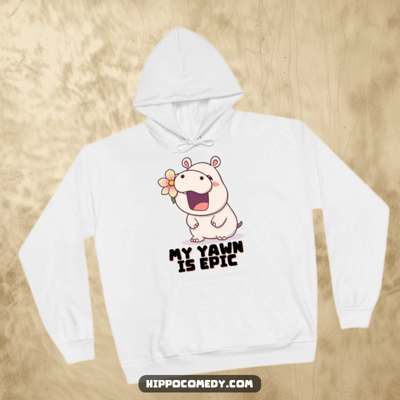 Funny kawaii hippo hoodie featuring a cute hippopotamus with a flower accessory, yawning widely, embodying ultimate comfort and sleepy charm.