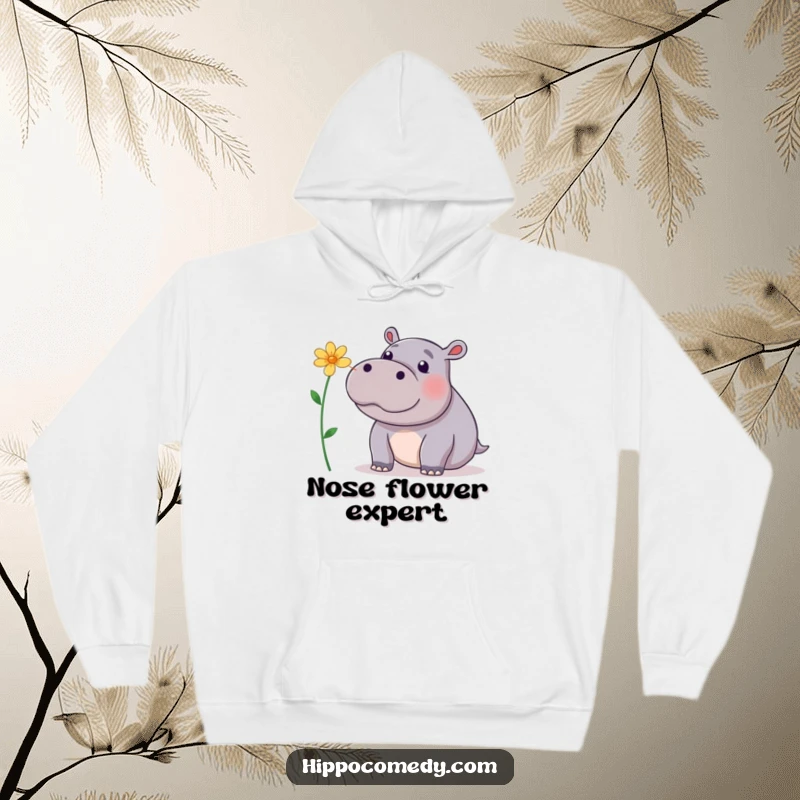 Funny Hoodie: A playful hippopotamus balancing a flower on its nose, perfect for cozying up with a touch of whimsy.