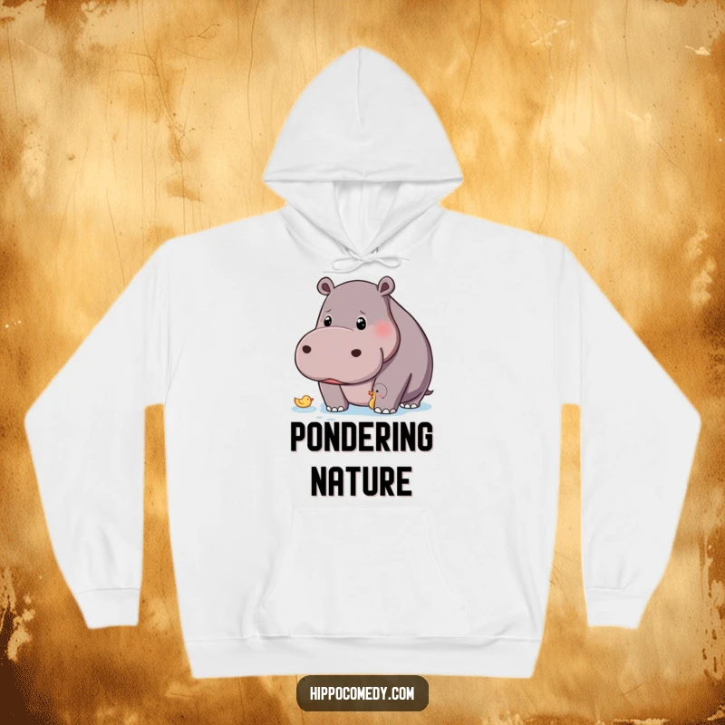 Funny hippo with a curious gaze observing a tiny duck on a warm and cozy hoodie.
