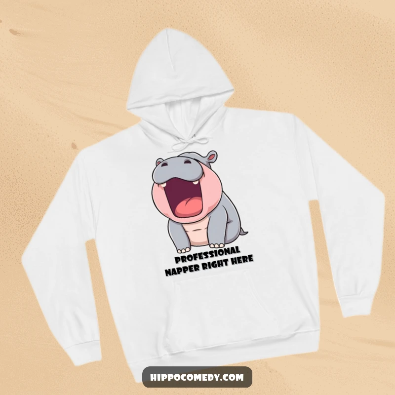 Funny hoodie with a sleepy hippopotamus mid-yawn, ideal for comfort and a touch of humor as a gift.