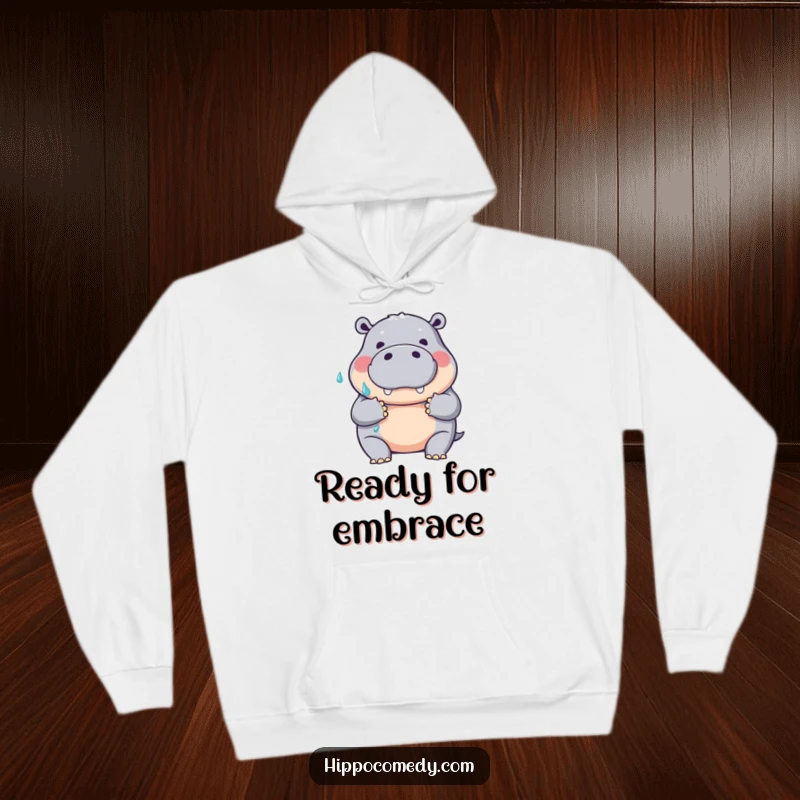 Funny hoodie with a friendly hippopotamus offering a big, wet hug, providing warm comfort and comical vibes for a funny gift.