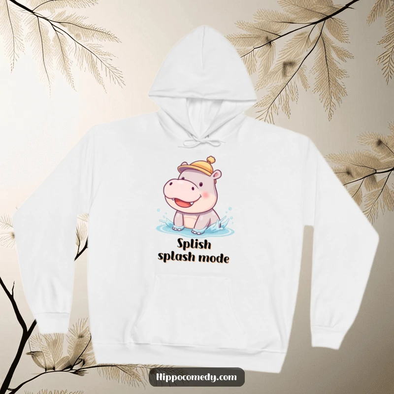 Funny hoodie featuring a cute smiling hippopotamus cub wearing a tiny hat, captured in a hilarious splish-splash moment.