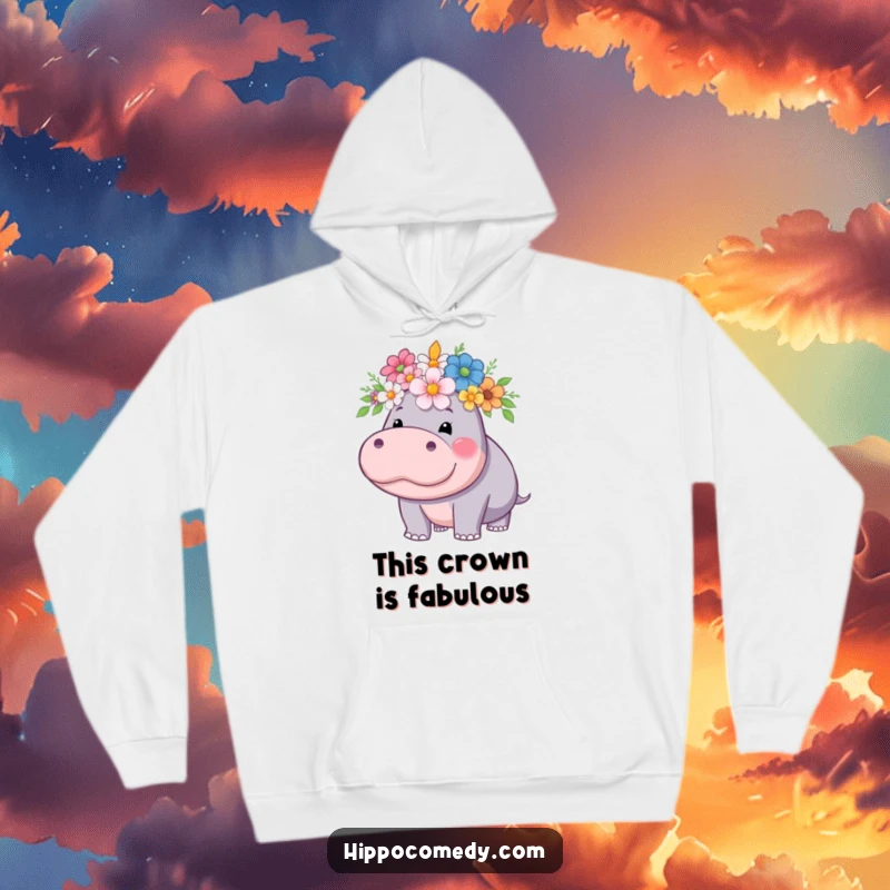 Funny hippo hoodie, proudly sporting a lush crown made of vibrant flowers, exuding a sense of regal charm.