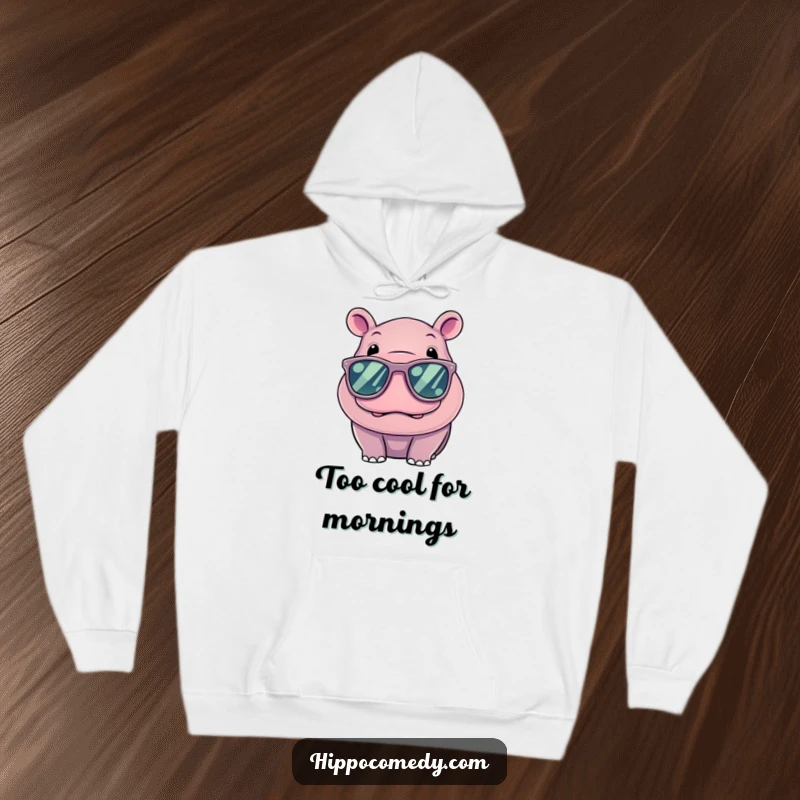 Funny Kawaii Hippo Hoodie, a cute hippo wearing massive sunglasses, looking super cool and relaxed.