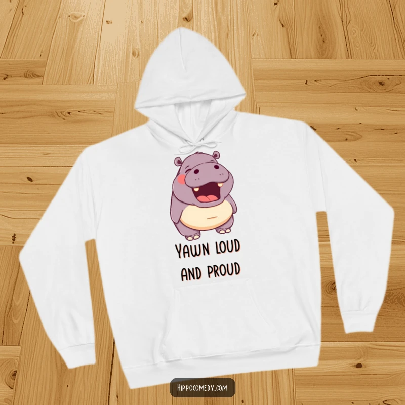 Funny hoodie featuring a hippopotamus with its mouth open in a happy yawn, exuding warmth and a sense of peaceful comfort.