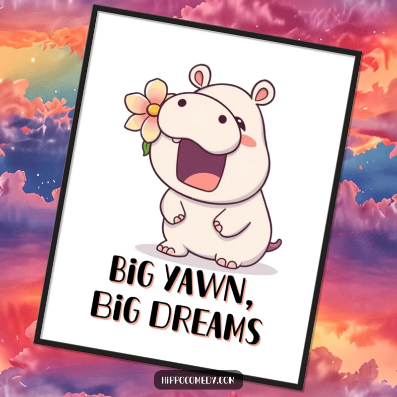 Funny free printable wall art of a cute kawaii hippopotamus wearing a flower, caught in a wide, sleepy yawn.