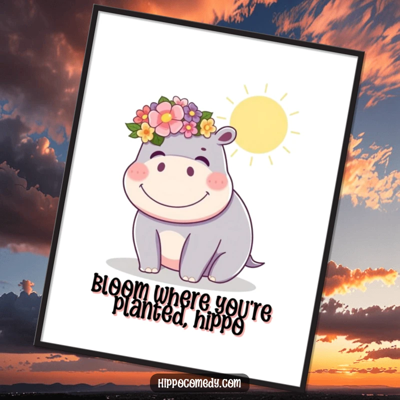 Cheerful Free Printable Wall Art: A kawaii hippo wearing a vibrant flower crown giggles brightly in the sun.