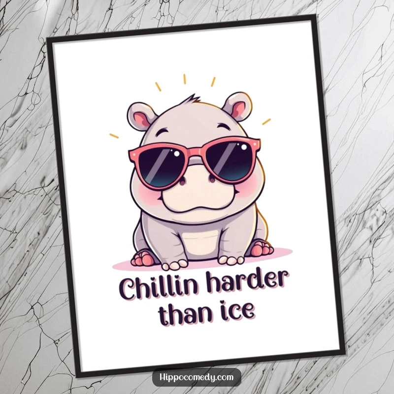 Funny Free Printable Wall Art: Kawaii Hippo in Oversized Sunglasses, Enjoying the Warm Sun.