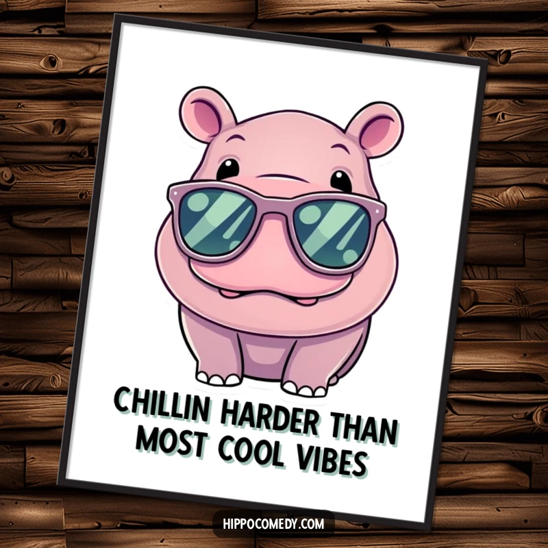 Funny Free Printable Wall Art: A kawaii hippo wearing oversized sunglasses, looking incredibly cool and stylish.