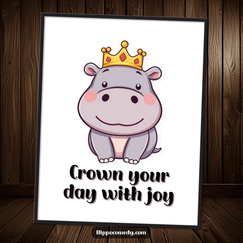 Funny Free Printable Wall Art: A small crowned hippo looks smugly pleased, downloadable art for a humorous touch.