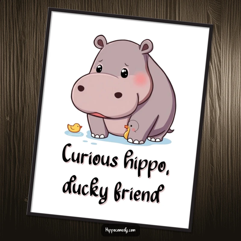 Funny Free Printable Wall Art: A hippo with a curious gaze watches a tiny duck float by.