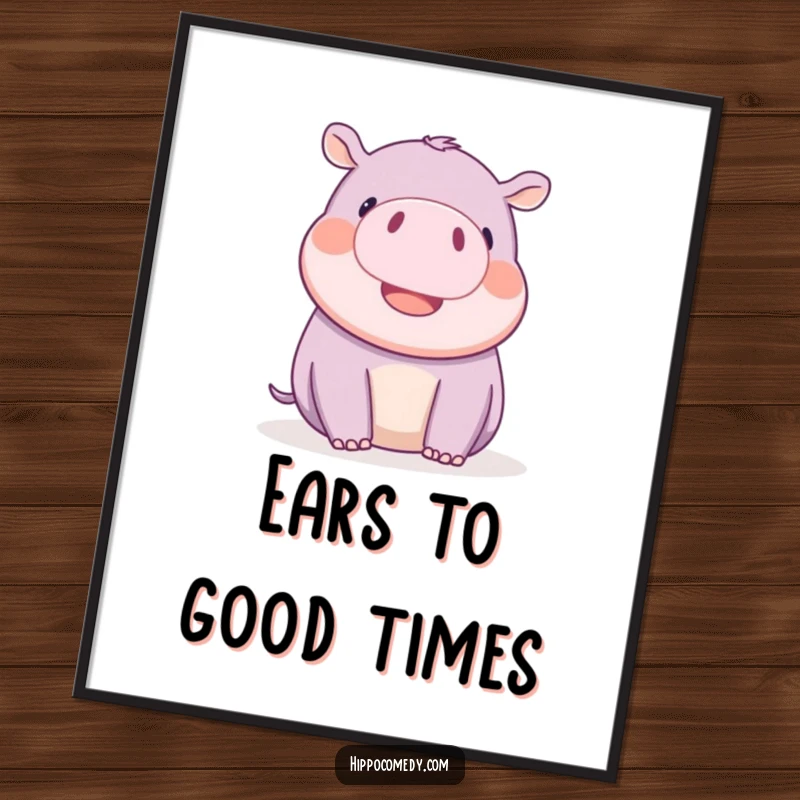 Funny Free Printable Wall Art: A kawaii hippopotamus playfully wiggles its tiny ears with delight, creating humorous and cheerful decor.