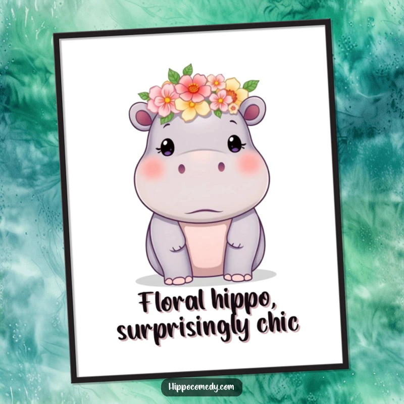 Funny Free Printable Wall Art: A hippo wearing a flower crown, bringing delicate charm to your decor.