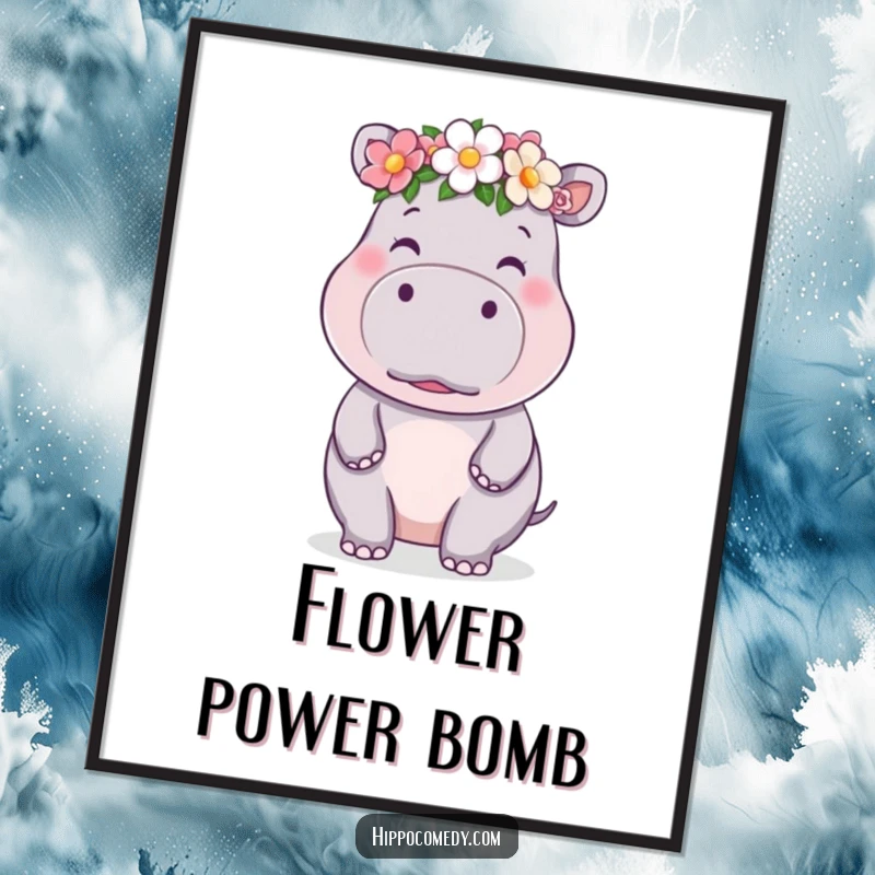 Funny free printable wall art of a cute kawaii hippo wearing a flower crown and blowing a kiss.