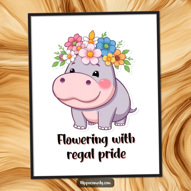 Funny Free Printable Wall Art: A whimsical hippo stands proudly, wearing an elaborate crown made of vibrant flowers.