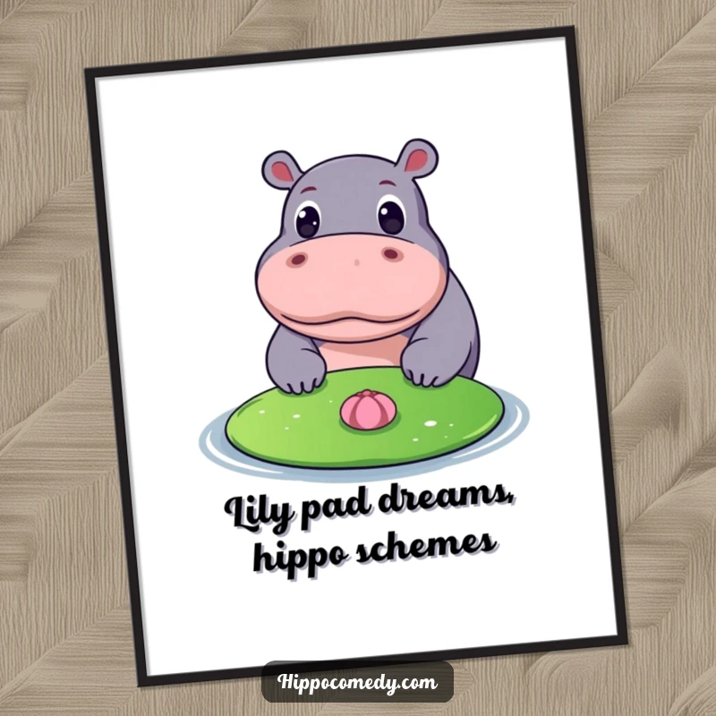 Funny Free Printable Wall Art of a hippo with wide eyes fixated on a floating lily pad, evoking gentle wonder.