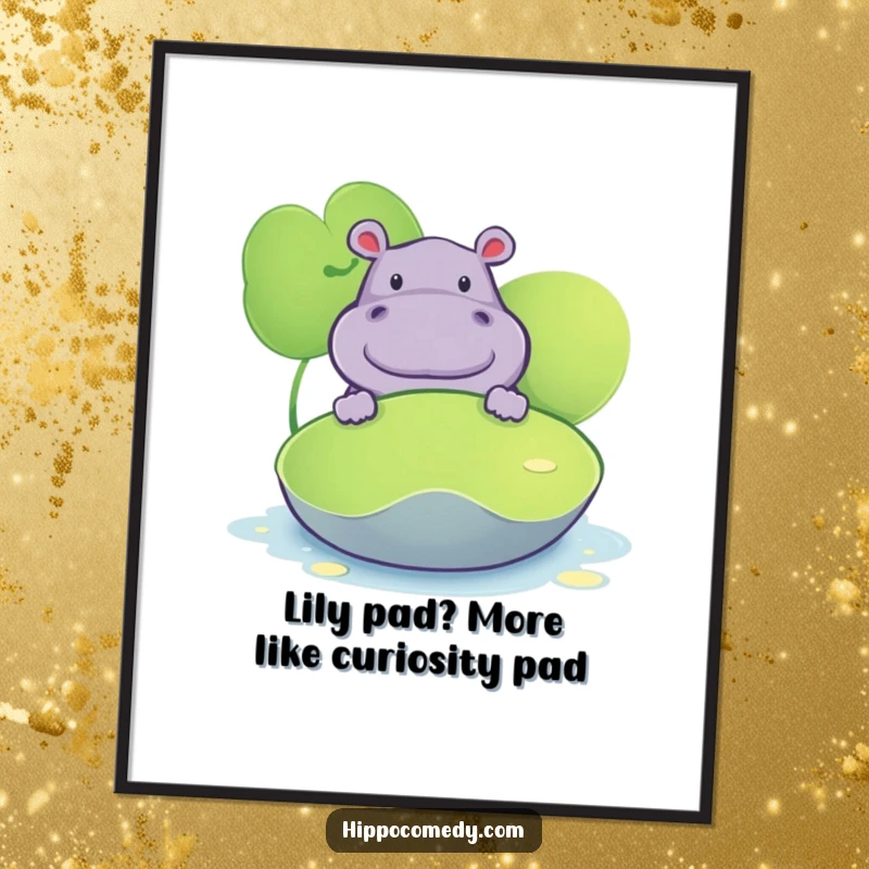Funny free printable wall art of a curious hippopotamus peeking from behind a large lily pad, adding whimsy to decor.