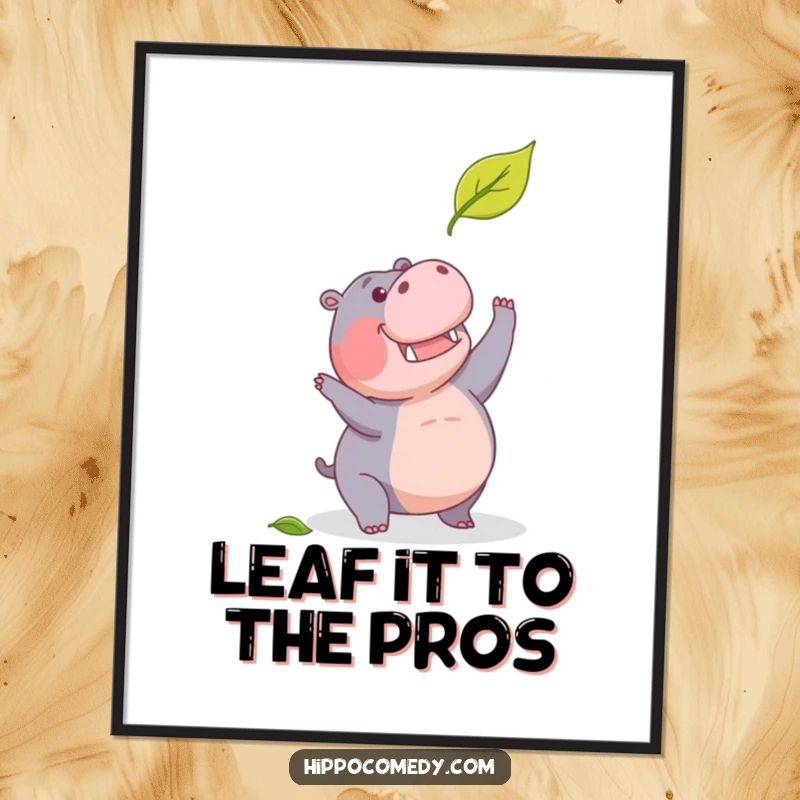 Funny Free Printable Wall Art: A hippopotamus is captured in mid-leap, eyes fixed on a tiny falling leaf, showcasing determination and humor.