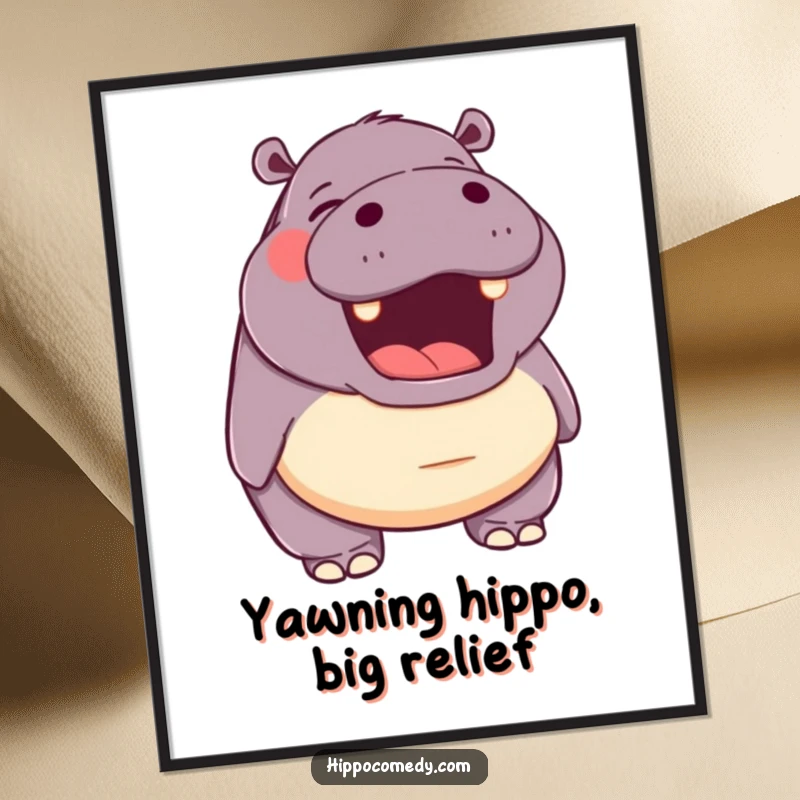 Funny Free Printable Wall Art of a hippo with its mouth open in a large, happy yawn, exuding tranquility.