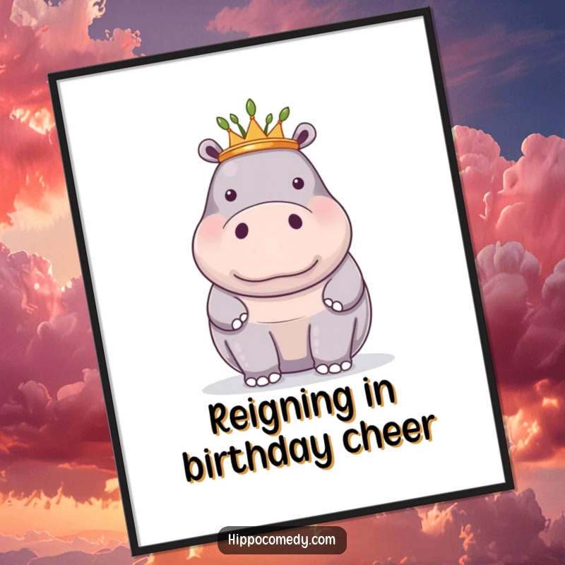 Funny Free Printable Wall Art: A proud hippopotamus is depicted wearing a small, natural crown of reeds, exuding a humorous sense of royalty.