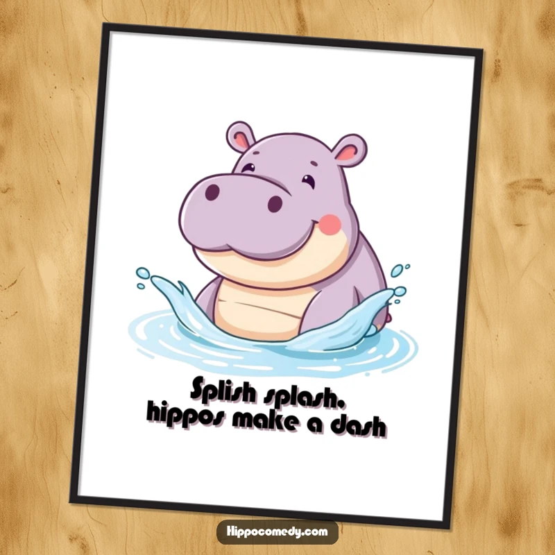 Funny Free Printable Wall Art of a smiling hippo enthusiastically splashing water, bringing joy to any room.