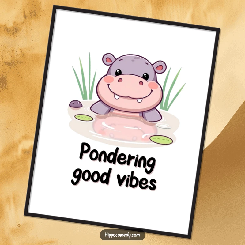 Funny free printable wall art of a cute kawaii hippo peeking from a pond with a wide, happy smile.